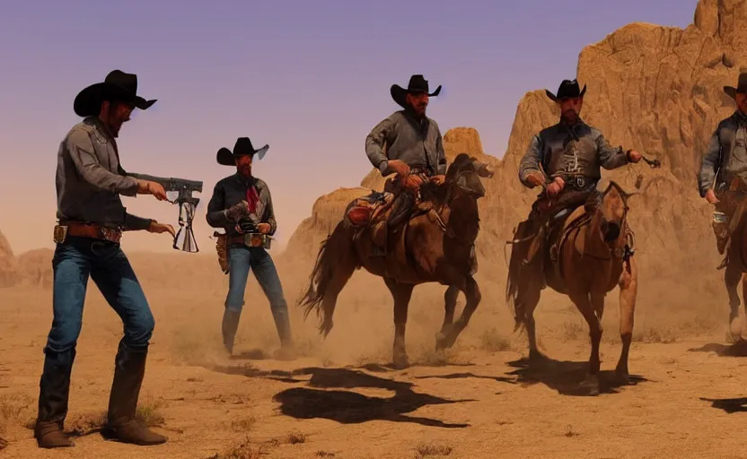 Prompt: 3 western cowboys performing a mexican standoff in a desert, epic, detailed, fantasy artwork, realistic, dynamic lighting, rtx, 4 k