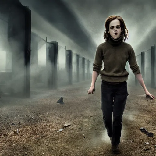 Image similar to a photo of a psychotic Emma watson emerging through smoke in a FEMA emergency camp, extreme terror, frightening, fear, dread, discontent, in the style of Antony gormly and Simon stalenhag and Steve mccurry, photorealistic, 4k, 8k, 16k, highly detailed, very intricate, facing camera, one person only,evil, rule of thirds, insanely detailed and intricate, hypermaximalist, elegant, ornate, hyper realistic, super detailed