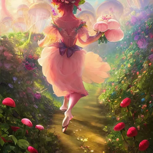 Prompt: portrait of princess peach, running up a hill of exotic flowers in the Mushroom Kingdom, giant mushrooms, and roses, from behind, streets, birds in the sky, sunlight and rays of light shining through trees, beautiful, solarpunk!!!, highly detailed, digital painting by Michael Garmash and Peter Mohrbacher