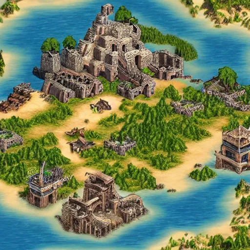 Prompt: isometric map of age of empires video game website , procedural, Travian, AOE2 , civilization, river, forest, cave, mountain, woods, hills, buildings, Insane Details, Digital Art, Epic Atmosphere, Extremely Detailed, mayans