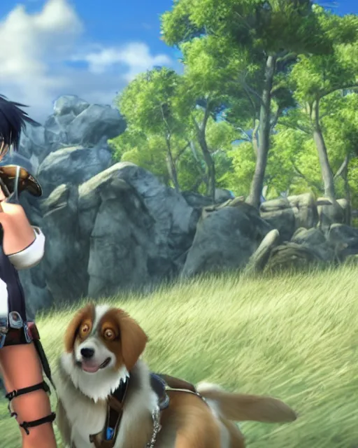 Prompt: australian shepherd with mio in xenoblade chronicles