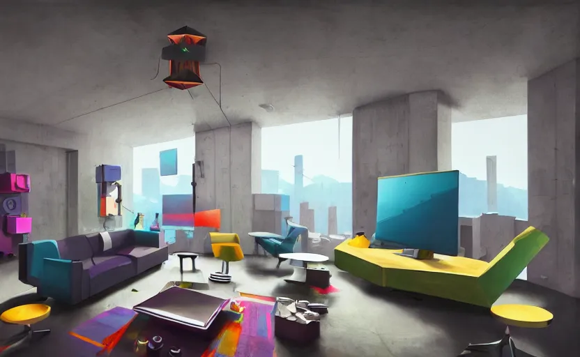 Image similar to Interior shot of a futuristic brutalist studio apartment with computers and colourful furniture by Petros Afshar and Beeple, James Gilleard, Mark Ryden, Wolfgang Lettl highly detailed