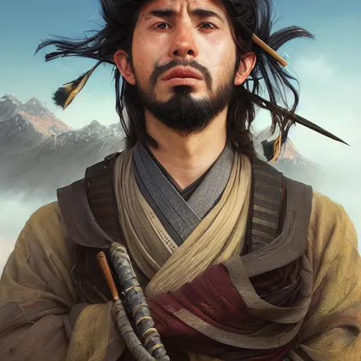 Image similar to Hyper realistic detailed portrait of Kurdish samurai, Stephen Bliss, unreal engine, fantasy art by Greg Rutkowski, Loish, Rhads, ferdinand knab, Makoto Shinkai and Lois van baarle, ilya kuvshinov, rossdraws, Tom Bagshaw, alphonse mucha, global illumination, radiant light, detailed and intricate environment, highly detailed, award winning art