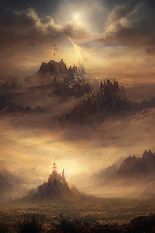 Prompt: breathtaking detailed soft painting of a dozens of flying swords of light, in golden clouds above a desert castle, strokes of mist and scarlet ribbons, german romanticism style, volumetric lighting, concept art, matte, sharp focus, art by celestialfang, matchach, juanmao, dustin panzino, trending on artstation