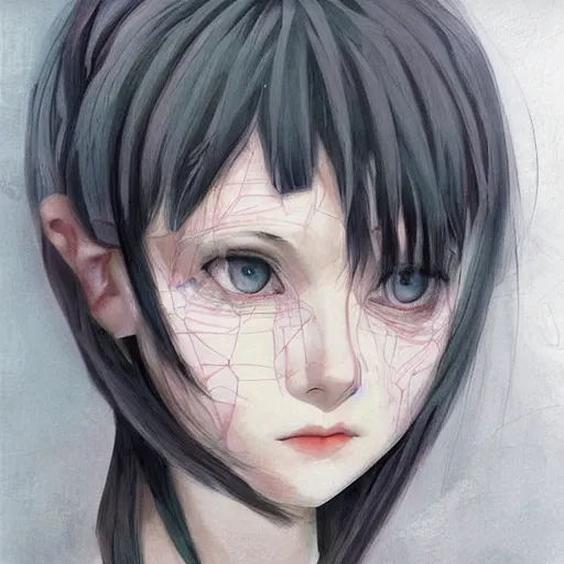 Image similar to beautiful pure evil teenager lain, cute haircut, with hundreds of network cables, neatly coming out of her head, a part of her face panel is showing, she is in pure bliss, chaos, bizarre, strange, portrait, painting, soft and intricate, fine lines, by artgerm,