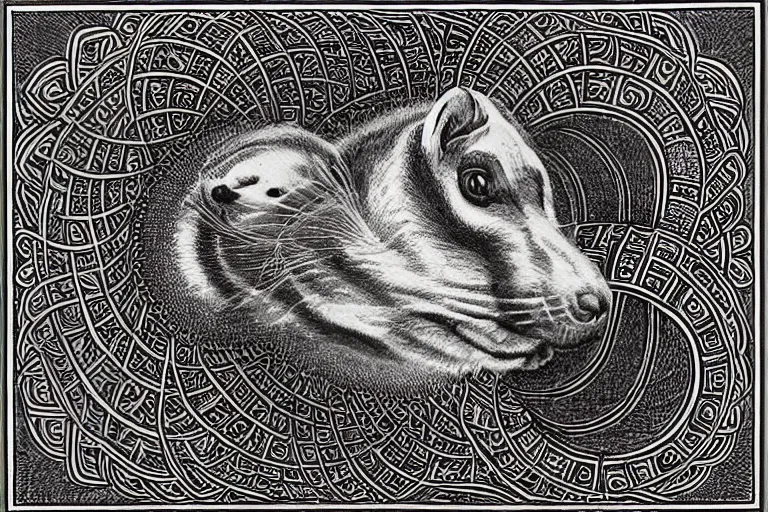 Image similar to an ornate illustration in the styles of mandalas and fractals, the styles of escher and penrose, depicting a weasel staring deep into the heart of the impossible all - and - nothing of the emerging technological singularity ; / what has god wrought? / he seems to be whispering.