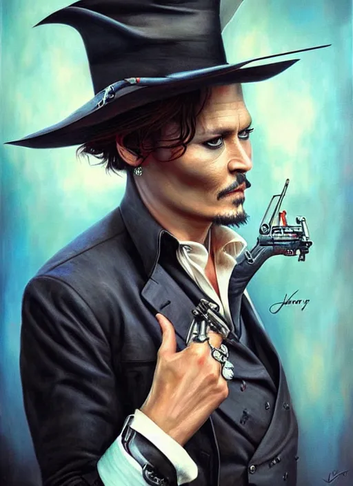 Image similar to johnny depp play james bond film by james jean, karol bak