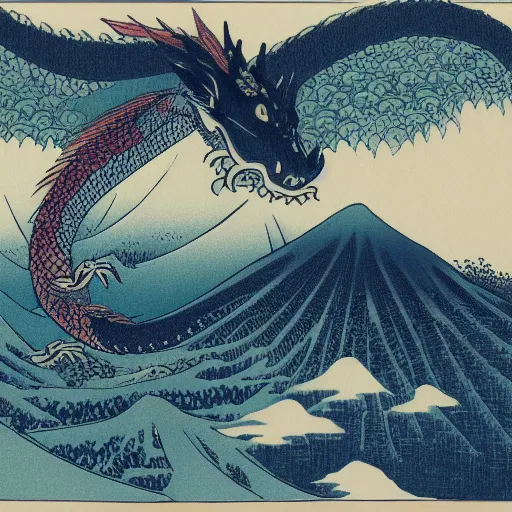 Prompt: A detailed dragon flying in a land full of grass and flowers with mountains in the back, in the style of Hokusai