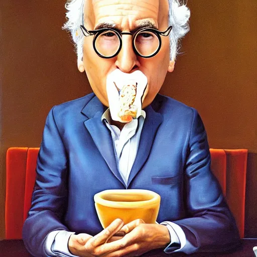 Prompt: Larry David eating a bagel in the style of Salvador Dali, oil painting