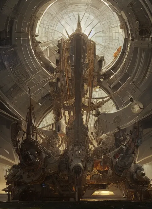 Image similar to epic concept illustration, highly detailed, intricate mechanical design, hard science concept art, star fleet nautilus ship being prepared for launch, by greg rutkowski and alphonse mucha. uhd, cinematic lighting, amazing depth