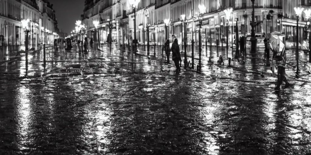 Prompt: photo rainy night in paris, reflections