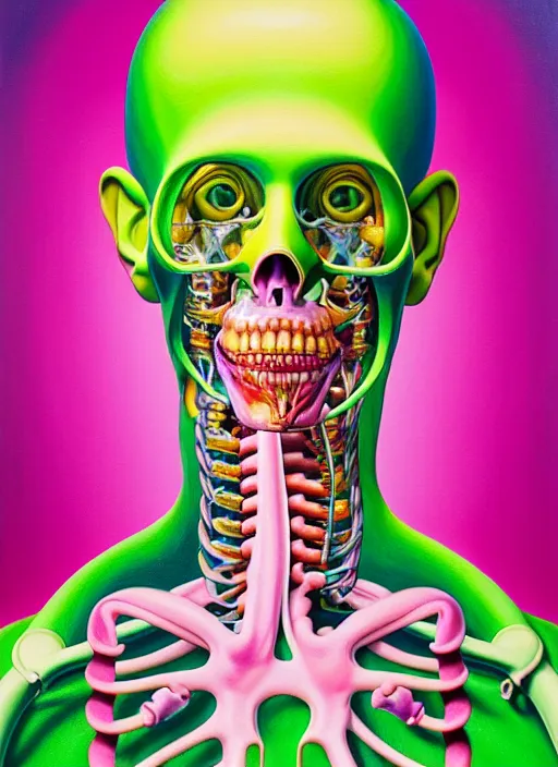 Prompt: a beautiful and highly detailed painting of an anatomical portrait wearing overalls, inside a grand room lined with paintings, emotionally expressive, oil painting, soft light, pink and green olour palette, cinematic composition, cinematic lighting, sharp focus, masterpiece by shusei nagaoka kaws, david rudnick, airbrush on canvas, pastell colors, cell shaded 8 k