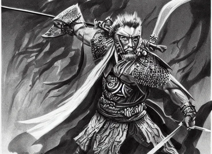 Image similar to toshiro mifune as an ancient warrior, extremely detailed, fantasy art, great quality, d & d,