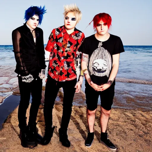 Prompt: holiday photos of My Chemical Romance on holiday at the beach