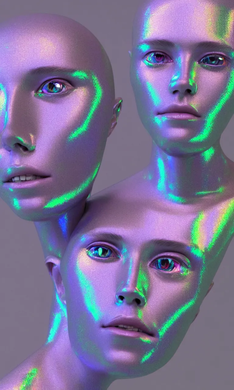 Image similar to 3d render of holographic human robotic made of glossy iridescent, surrealistic 3d illustration of a human face non-binary, non binary model, 3d model human, cryengine, made of holographic texture, holographic material, holographic rainbow, concept of cyborg and artificial intelligence