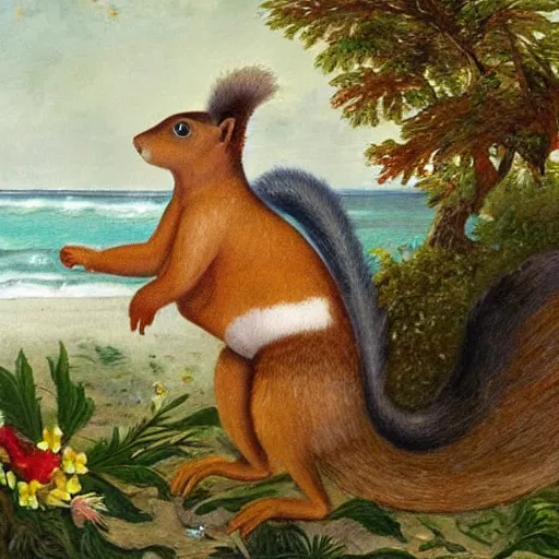 Prompt: a giant squirrel carrying napoleon!!! on its back, beach scene with flowers and foliage, detailed oil painting