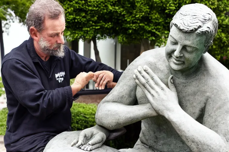 Image similar to a man who is sitting upright in a chair is touching a completed statue