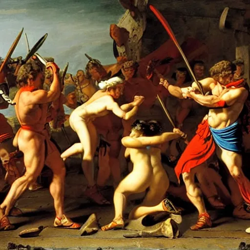 Prompt: muscular warrior women, spartan warrior women, women fighting men, muscular men, roman warrior men, clashing in bloody field, art by jacques - louis david