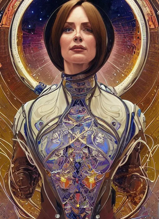 Image similar to portrait of Krys Marshall wearing a space suit, intricate, elegant, highly detailed, centered, digital painting, artstation, concept art, smooth, sharp focus, illustration, art by android jones and donato giancola and alphonse mucha