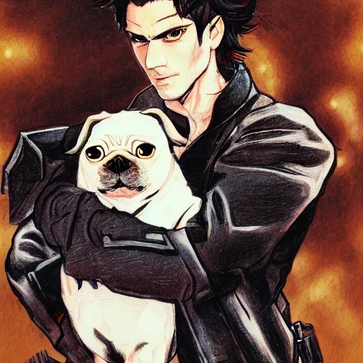 Prompt: self portrait, young white hispanic handsome man with short light brown hair and light skin and a 5 o clock shadow and holding a pug while fighting against 2 swordsmen pencil art, added detail, high definiton, colored, backfacing, illustrated by yoji shinkawa