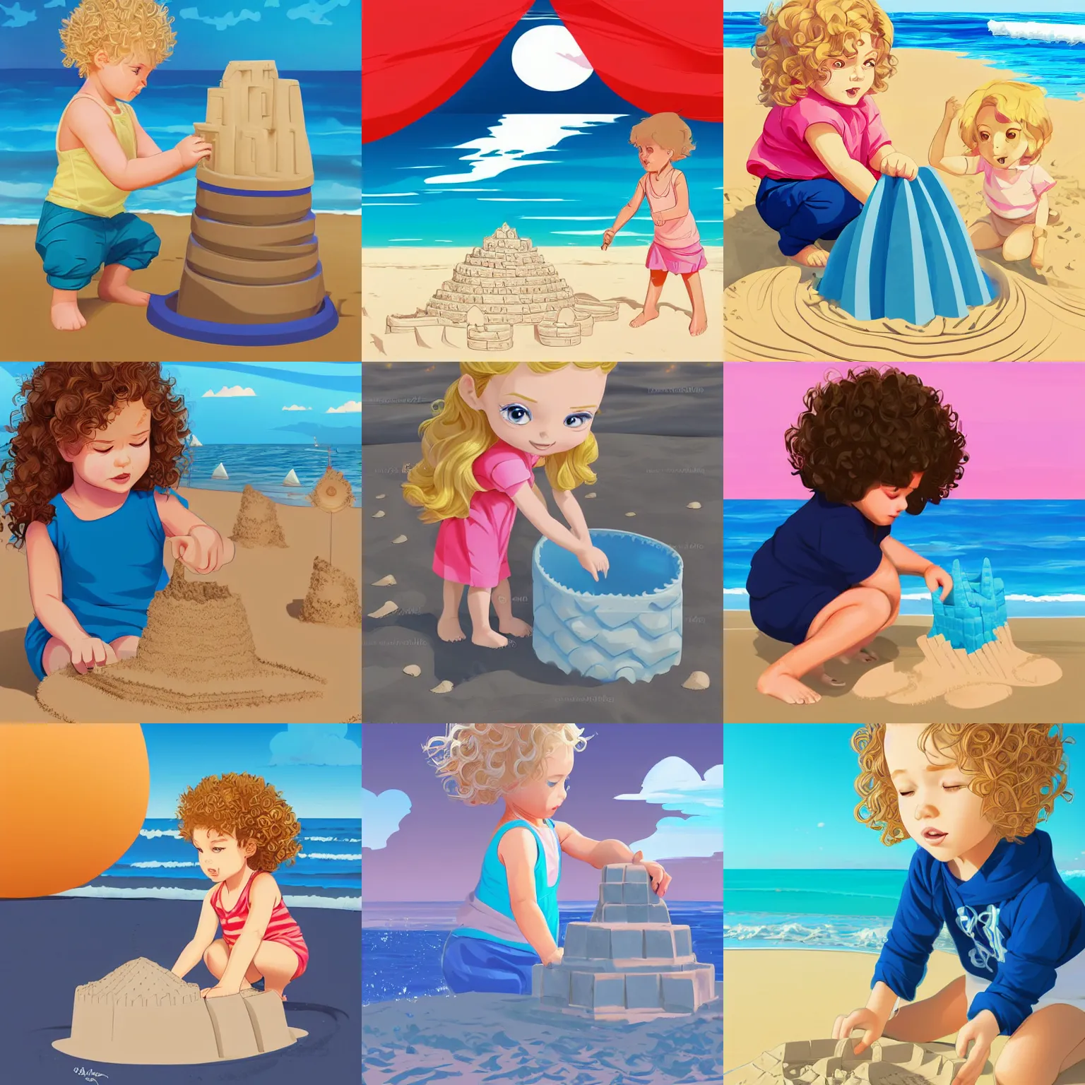 Prompt: 2 years old girl with blue eyes and blonde curly hair, building a sand castle at the beach, clean cel shaded vector art, behance hd, by lois van baarle, artgerm, helen huang, by makoto shinkai and ilya kuvshinov, rossdraws, illustration