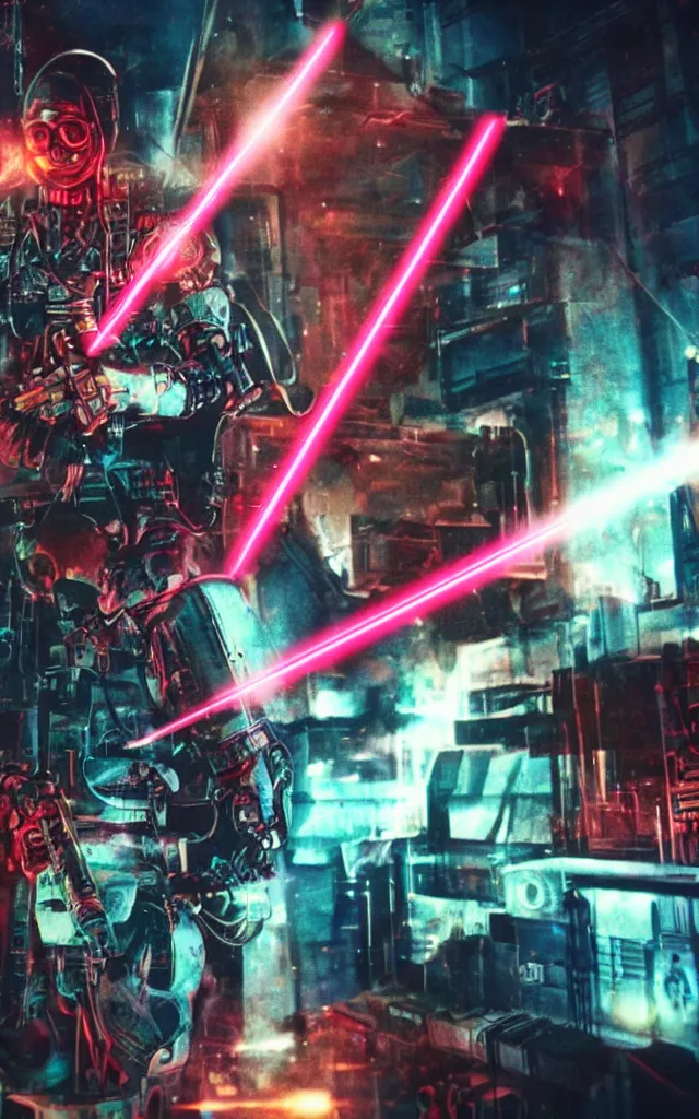 Prompt: Cybernetic Pope shooting bright cross shaped lasers, 80s, science fiction, cyberpunk, neon, low angle shot, cross, pope, movie poster, futuristic