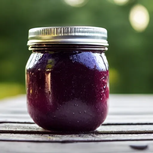 Prompt: a jar of blueberry jam on a table outside, bright daylight, depth of field