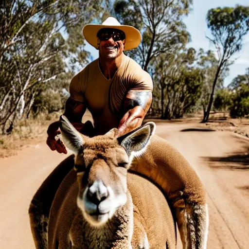 Image similar to dwayne johnson riding on the back of a kangaroo, he is wearing a safari outfit and a pith hat, studio photography, 8 k