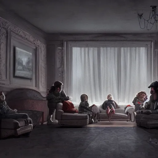 Image similar to pov shot behind a a family sat on a sofa watching mind control TV propoganda in an eerie room, trending on artstation, dystopian and depressing