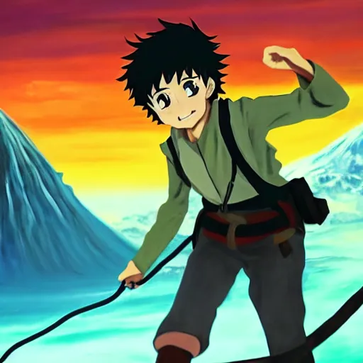 Prompt: anime key visual of frodo climbing mount doom, acrylic painting, jm animation