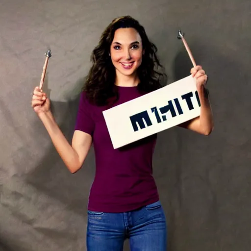 Image similar to Gal Gadot holding a sign that says M I T C H I E P O O !!!! as painted by Ralph Horsley