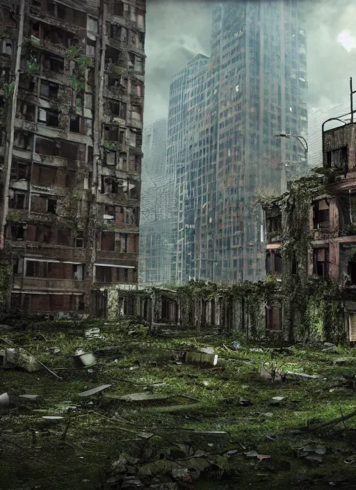 Image similar to a post - apocalyptic chicago, collasped buildings, a dark forest, vines and moss growing over buildings, abandoned aparment buildings, grunge, hyper real, cinematic photo, octane render, insanely detailed, 8 k