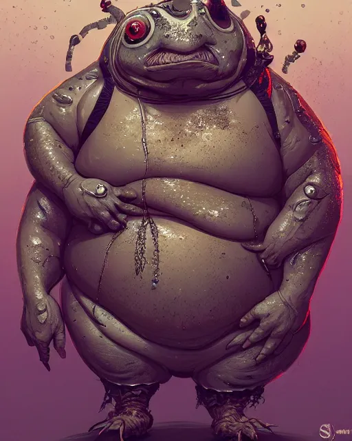 Image similar to a morbidly obese slimy anthropomorphic toad king wearing ornate cyberpunk armor, smooth, intricate, elegant, digital painting, artstation, steam, grungy steel, concept art, sharp focus, octane render, illustration, art by josan gonzalez,
