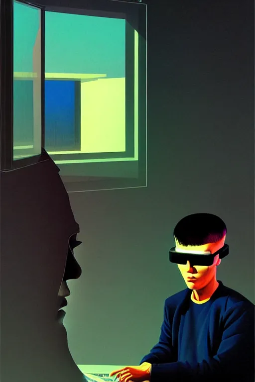 Prompt: north korean hacker wearing oculus and digital glitch head edward hopper and james gilleard zdzislaw beksisnski richard corben higly detailed