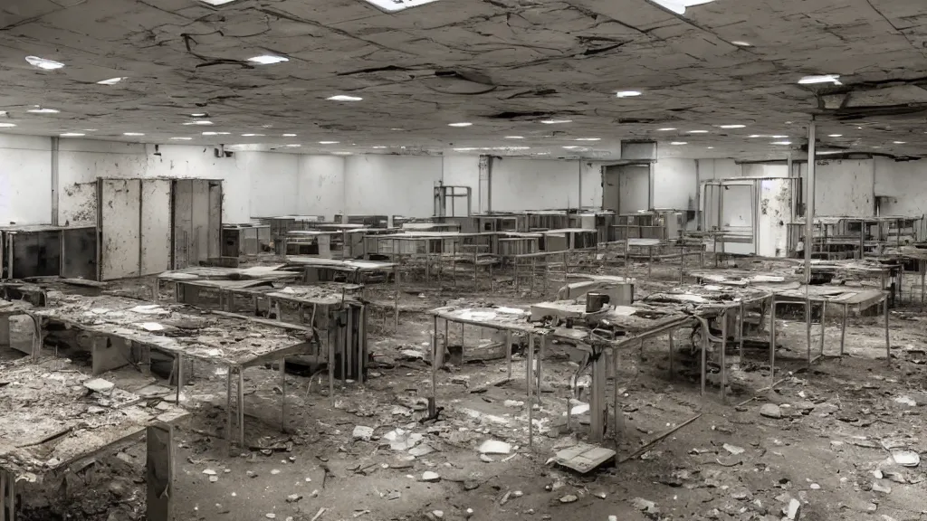 Prompt: inside an old abandoned derelict data centre. old server's and server racks, crt monitors and other old equipment.