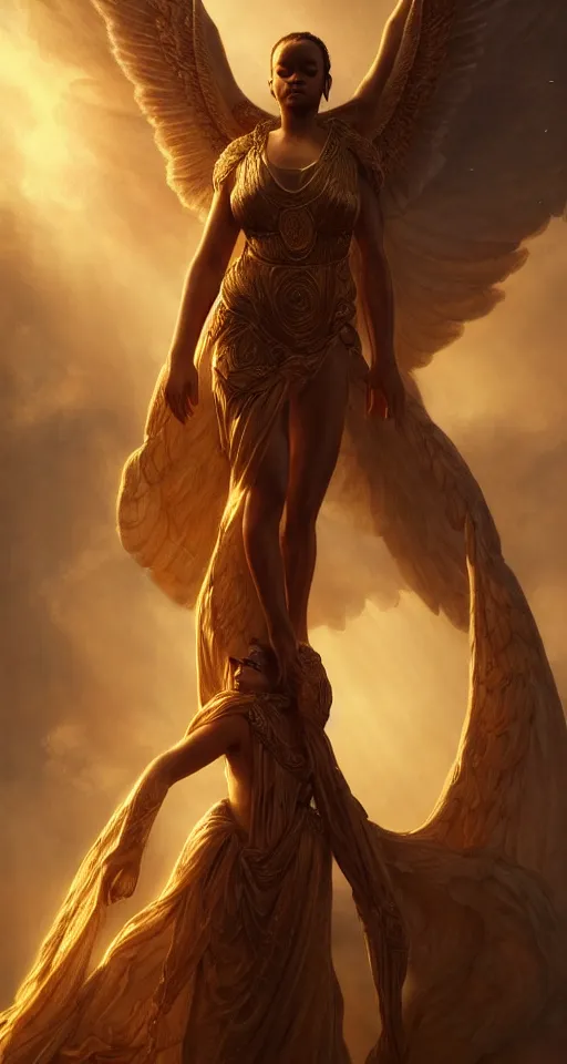 Image similar to majestic gracious regal goddess rhianna with seraphim portrait, ancient greece, elysium, atmospheric lighting, painted, intricate, volumetric lighting, beautiful, rich deep colours masterpiece, golden hour, sharp focus, ultra detailed, by leesha hannigan, ross tran, thierry doizon, kai carpenter, ignacio fernandez rios