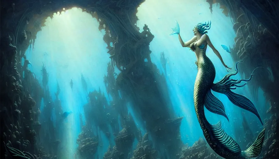 Prompt: a graceful mermaid looking at the sunken city of Atlantis under water, rays of sunlight, stunning undersea intricate detailed grand architecture in the style of Joe Fenton, art style by Greg Rutkowski and Mohrbacher, deep underwater scene, dark and moody, faint volumetric god rays, grim crushing atmosphere, trending on artstation, masterpiece, claustrophobic, sea floor is rocky and full of colorful corals