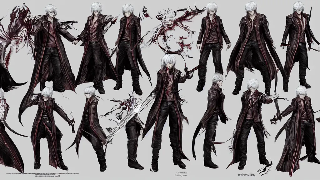 Image similar to devil may cry long haired son of sparda character design sheet, trending on artstation