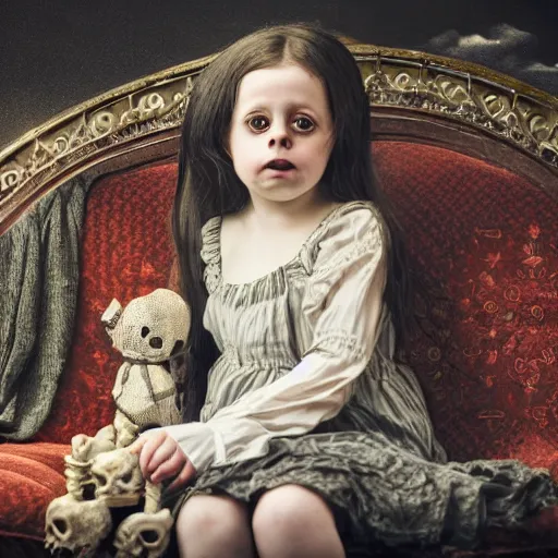 Image similar to a color photo of young sad victorian gothic child with big eyes and wide grin sitting on a sofa of bones surrounded by a cyber futuristic cityscape made of human body parts, ultra detailed, 8 k resolution, beautiful lighting, expansive detailed layered city, landscape, sigma 8 5 mm, award winning photography