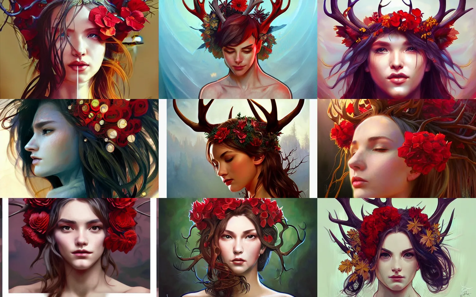 Prompt: character concept portrait, head - on centralized, nature spirit with antlers, red flowers. detailed, abstract high quality, dynamic lighting, evocative, fantasy. artwork by artgerm, wlop, alex ross, greg rutknowski, alphonse mucha