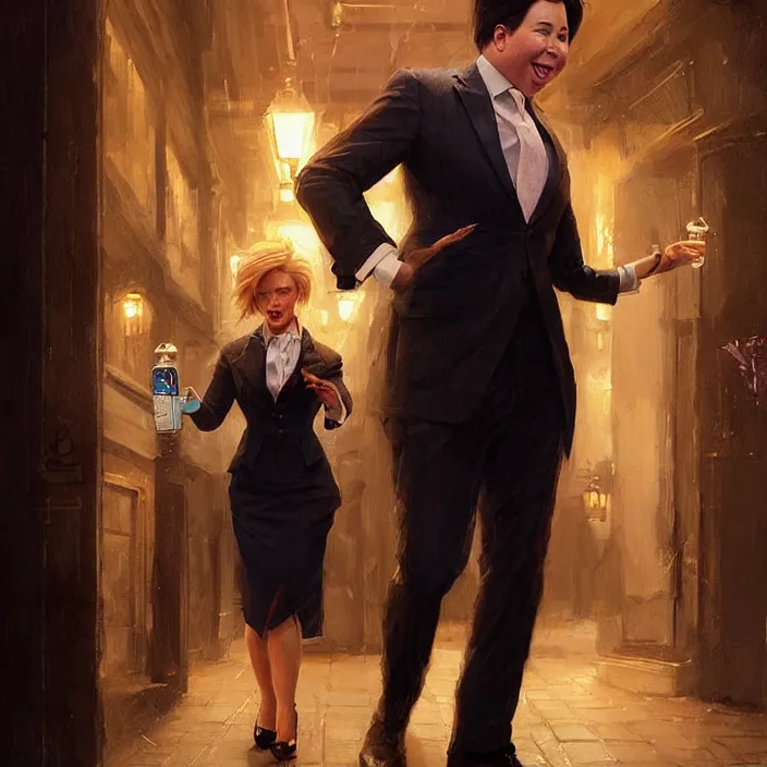 Image similar to michael mcintyre leaving a bar with with a singing waitress, elegant, real life skin, intricate artwork, high detailed, artstation, concept art, smooth, sharp focus, art by artgerm and greg rutkowski