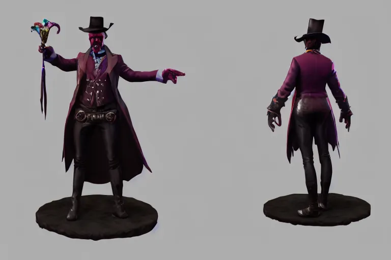 Image similar to 3d sculpt of a dark fantasy gothic circus clown, artstaton, League of Legends, red dead redemption2, overwatch, digital illustration