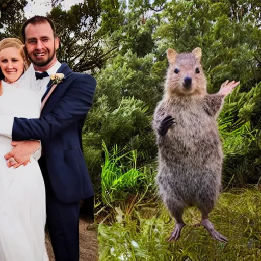 Image similar to a happy quokka photobombing a wedding photo, award-winning photograph
