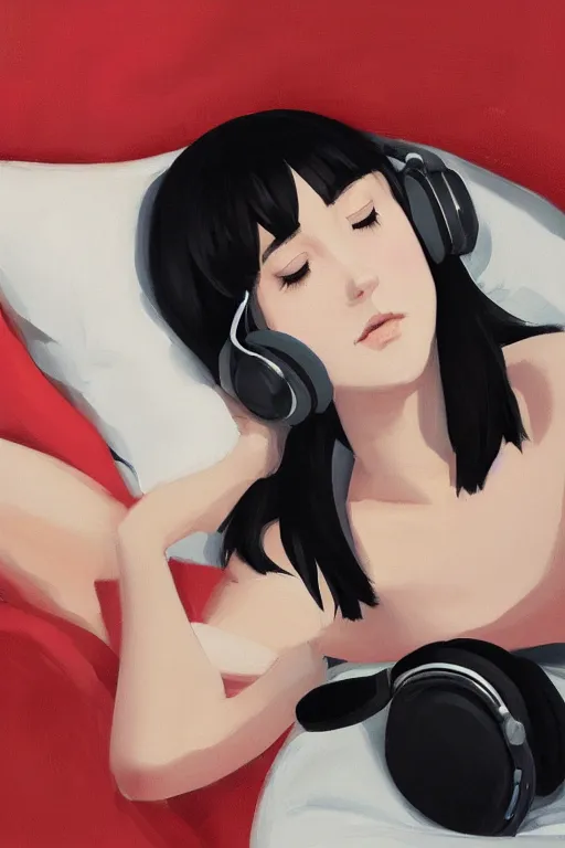 Prompt: a cute young woman lying in a den of pillows listening to music with her eyes closed and wearing headphones, black bob cut hair, cozy setting, red and white, warm lighting, cinematic, moody, oil on canvas, in the style of Ilya Kuvshinov, Krenz Cushart, Range Murata, Eero Aarnio, 8k