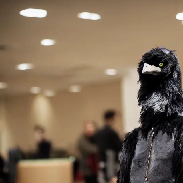 Image similar to a person wearing a fursuit of a crow fursona, fursona, furry convention, hotel lobby, indoors, photograph, furry fandom, photorealistic,