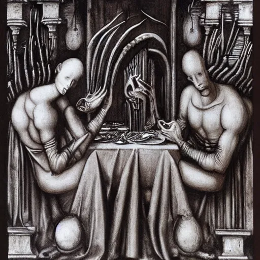 Image similar to last dinner da vinci by Rudolf Giger;