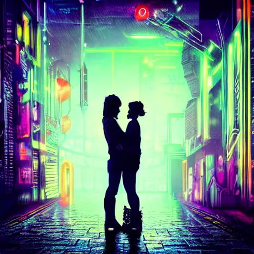 Prompt: couple, cyberpunk, neon light, digital art, dramatic, mystical, mysterious, fantasy art, high resolution image, romantic, rain,