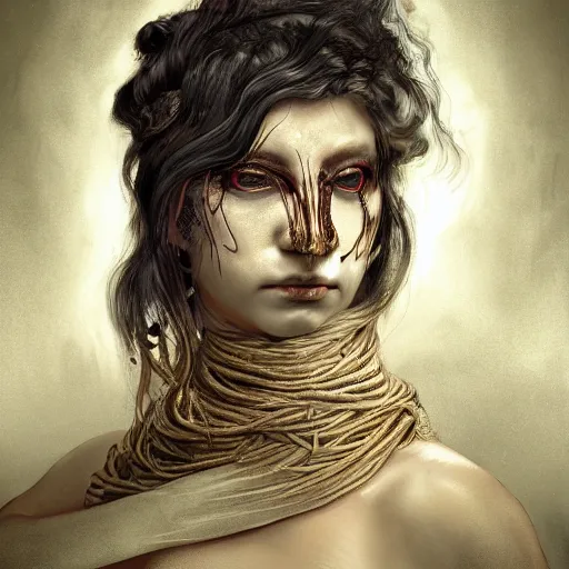 Prompt: portrait of a Shibari cable wrapped face and neck, headshot, insanely nice professional hair style, dramatic hair color, digital painting, of a old 17th century, old cyborg merchant, amber jewels, baroque, ornate clothing, scifi, realistic, hyperdetailed, chiaroscuro, concept art, art by Franz Hals and Jon Foster and Ayami Kojima and Amano and Karol Bak,