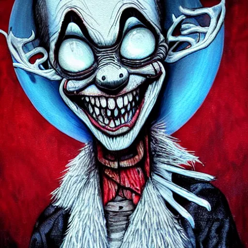 Prompt: grunge painting of a wendigo with a wide smile and a red balloon by chris leib, loony toons style, pennywise style, corpse bride style, horror theme, detailed, elegant, intricate
