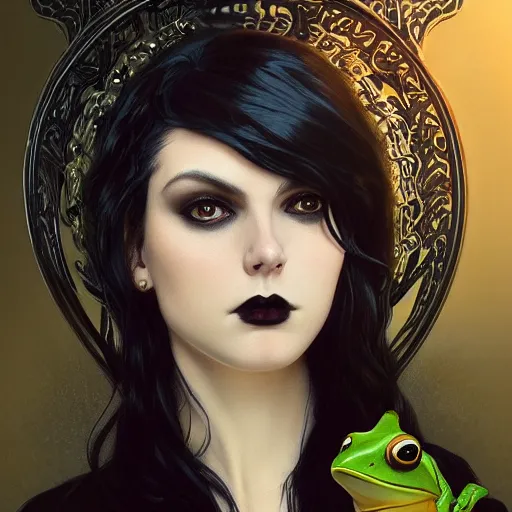 Image similar to attractive goth woman with a frog, intricate, highly detailed, digital painting, artstation, concept art, smooth, sharp focus, illustration, unreal engine 5, 8 k, art by artgerm and greg rutkowski and alphonse mucha